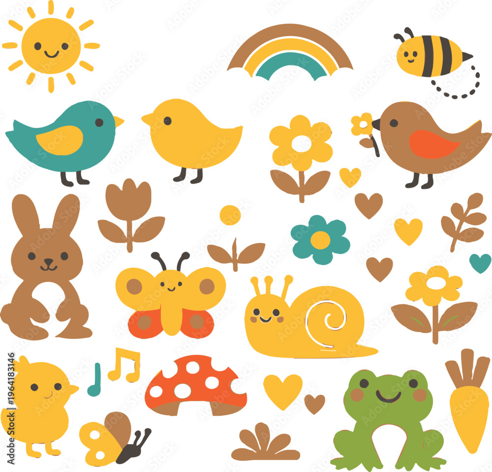 Naklejka premium Cute spring animals vector, nursery clipart set, cartoon forest animals, baby animals' illustration, bunny chick bird bee snail frog, kids design elements, pastel floral collection