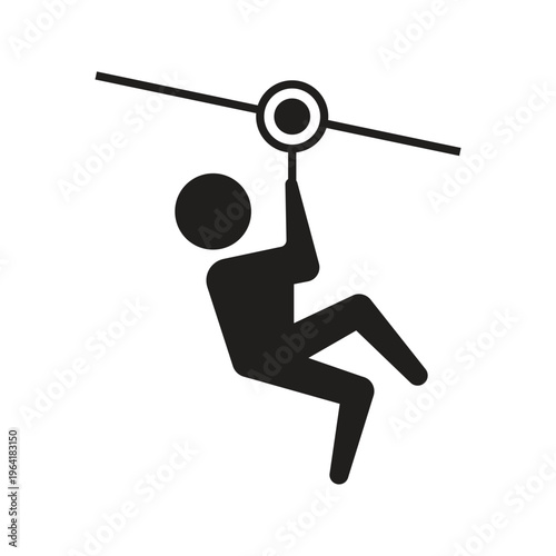 Black silhouette icon of a person sliding on a zipline for adventure and outdoor sports projects