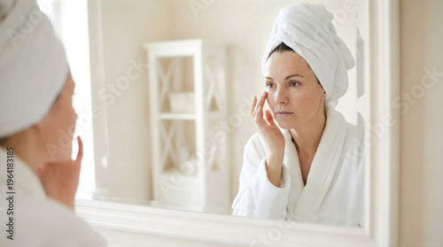 Portrait of mature woman examining face skin in a mirror, wearing a white robe and towel in bright room. Reflection in a mirror of a beautiful woman applying cosmetic skin care