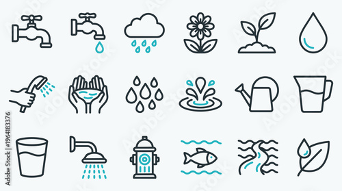 Water Resources and Plumbing System Line Icon Set