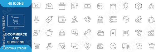 E-commerce and Shopping icon set. Containing mobile shop, shopping cart, testimonials, shipping and delivery, fashion. line Icon . Editable stroke. Vector illustration