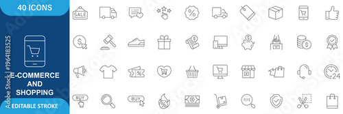 E-commerce and Shopping icon set. Containing mobile shop, shopping cart, testimonials, shipping and delivery, fashion. line Icon . Editable stroke. Vector illustration
