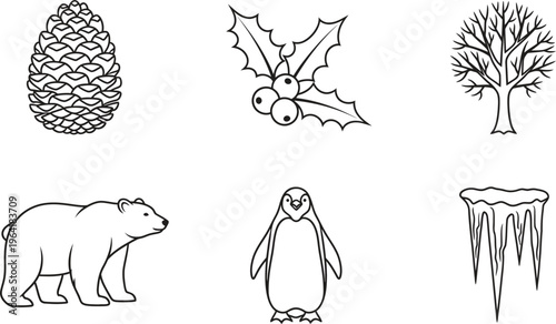 Diverse collection of winter season elements featuring line art illustrations of arctic animals and natural objects ideal for holiday projects and educational materials