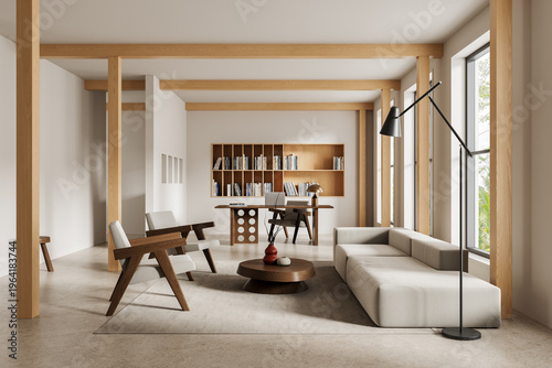 Contemporary interior workspace with minimalist furniture, warm wooden beams, modern sofa arrangement, large windows, and curated shelving design architecture concept. 3D Rendering
