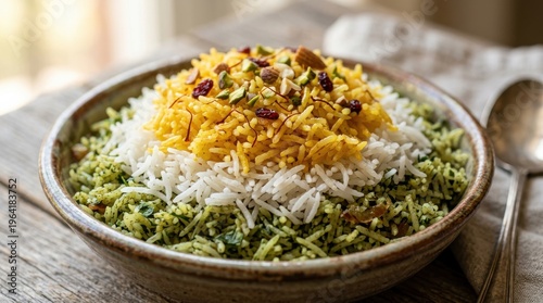 Colorful Persian rice dish with saffron and herbs in rustic setting