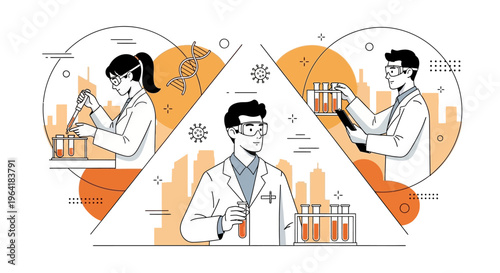 Scientists conduct experiments in laboratory setting with various equipment and test tubes