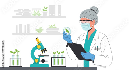 Scientist examines green plant in lab with microscope and clipboard nearby