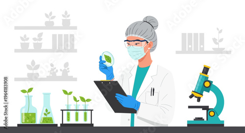 Scientist examines plant in lab with microscope and tablet nearby indoors