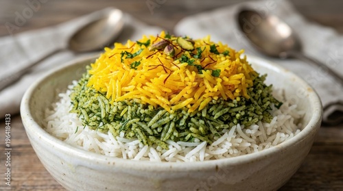 Colorful Persian rice dish with saffron, herbs, and nuts in a ceramic bowl