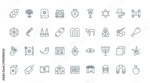 Judaism thin black line icons set vector illustration. Outline Israel religion symbols with Hanukkah and Jewish synagogue, Star of David and Torah scroll, rabbi and challah bread, hamsa and dreidel