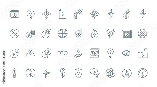 Electric energy, money and efficiency thin line icons set vector illustration. Outline lightning symbols and dynamic performance grow of electricity price, pictograms of electrified power industry