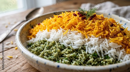 Colorful Persian rice dish with herbs and saffron in rustic bowl