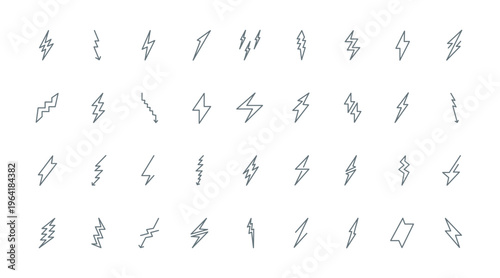 Lightning bolts thin line icons set vector illustration. Outline symbols of electric energy and power, electricity danger with different thunderbolts, simple web signs and arrows of zigzag shape