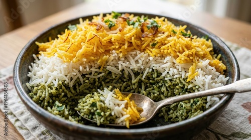 Traditional Persian rice dish with saffron and herbs in a bowl
