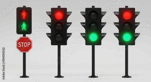 Collection of traffic lights, including a pedestrian signal and a stop sign, against a plain background