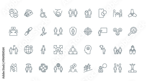 People, community thin line icons set vector illustration. Outline human society and business team organization symbols, silhouettes of person and family, gender equality, support and partnership