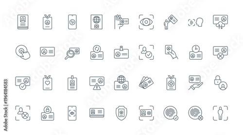 ID cards thin line icons set vector illustration. Outline badge with name, photo and information for identification of person, plastic document for user identity and verification, camera scan