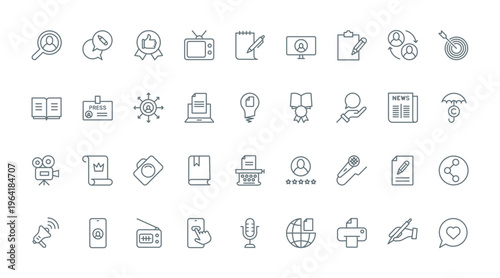 Storytelling thin line icons set vector illustration. Outline black symbols collection of author telling story, news interview of journalist, digital content and information of blogger in social media