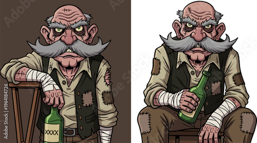 Grumpy old man cartoon character holding a bottle, angry senior beggar with bandages and mustache, homeless veteran vector illustration set