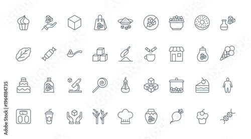 Sugar thin line icons set vector illustration. Outline pictograms of brown or refined sugar products and sweetener, pile of cubes and open sachet pack with sand or powder, candy and cake for coffee