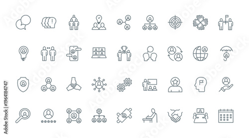 Teamwork thin line icons set vector illustration. Outline black symbols collection of human resources and community, team of people and social groups, work organization, leadership and partnership