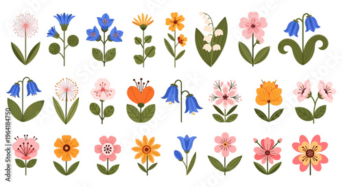 Collection of various stylized floral designs with bright colors and simple shapes, perfect for decorative use