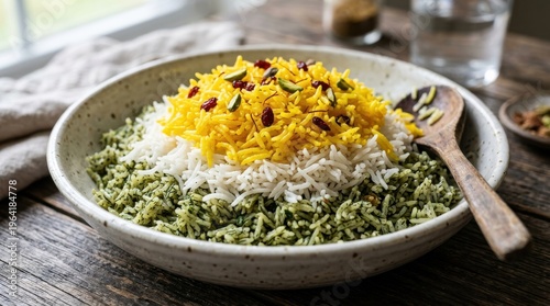 Colorful Persian Jeweled Rice Dish on Rustic Wooden Table