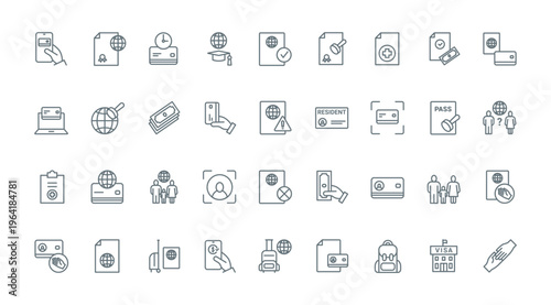 Visa approval and registration thin line icons set vector illustration. Outline symbols of legal documents for immigration or travel to foreign country, work permit license and grants for student