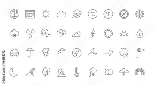 Weather thin line icons set vector illustration. Outline meteorology forecast info symbols, rain and wind, sun with cloud and lightning, cold and hot temperature on thermometer and air humidity