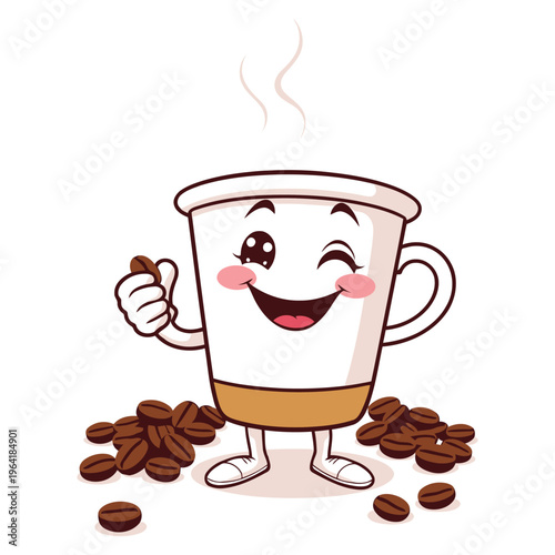 Cute Cartoon Coffee Cup with Beans – Funny Kawaii Hot Drink Character Illustration