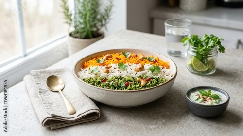 Healthy quinoa salad bowl with fresh herbs and yogurt dressing