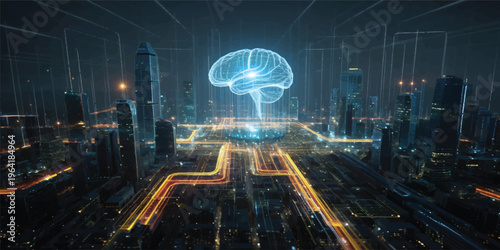 A digital network pattern of glowing data lines and fractal waves creates an abstract technology backdrop where a light bulb concept illuminates the night city grid