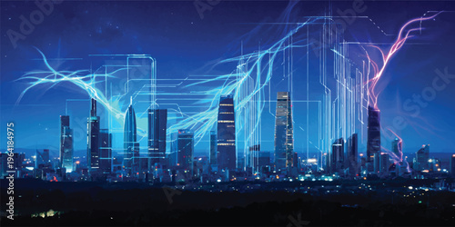 Blue night sky over the urban New York City skyline features a silhouette of downtown skyscrapers and architecture illuminated by lightning during a light storm over the business finance district