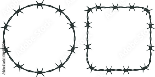 Barbed wire circle and square frame silhouettes, black sharp fence shapes isolated on white background, security border design elements vector illustration for industrial use