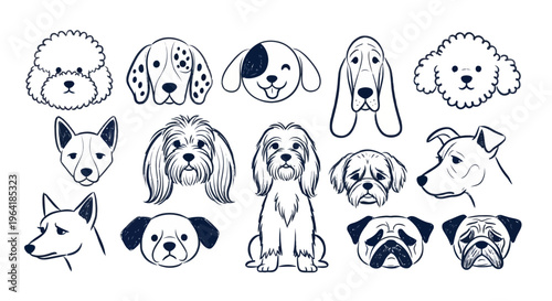 A Diverse Collection of Adorable Dog Faces, Illustrating Various Breeds and Expressions in a Whimsical, Hand-Drawn Style