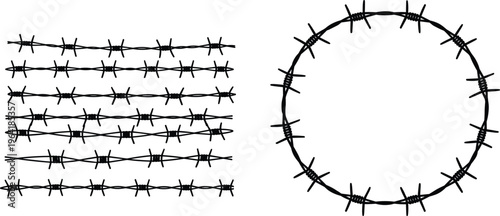 Barbed wire silhouette collection with straight lines and circular frame, black sharp fence elements isolated on white background, security barrier vector illustration design