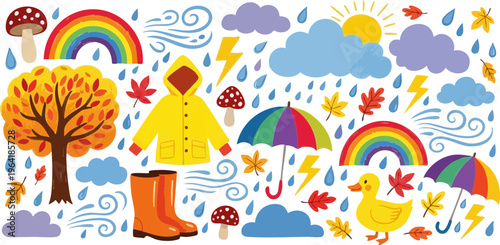 Autumn weather vector collection, rainy day icons with yellow raincoat and umbrella, fall season nature elements for children education