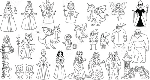 Fairy Tale Characters Line Art Set Including Princess Fairy Dragon Unicorn Witch Dwarf Knight Beast and Fantasy Castle for Kids Storybook Coloring Pages and Magical Vector Designs
