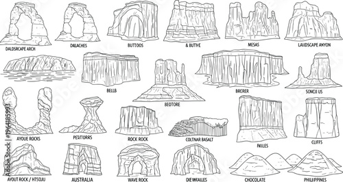 Famous Rock Formations and Natural Landmarks Line Art Set Including Arches Mesas Buttes Cliffs Basalt Columns Wave Rock and Chocolate Hills for Geography Vector Illustrations