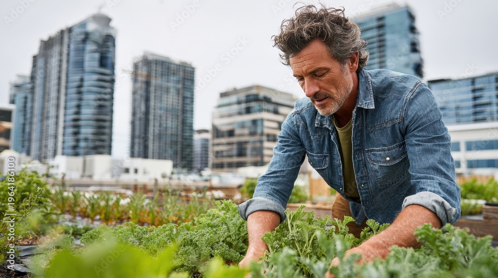 Fototapeta premium Urban Farmer Inspects Crops on Rooftop Farm With City Skyline in Background During Morning Sunlight
