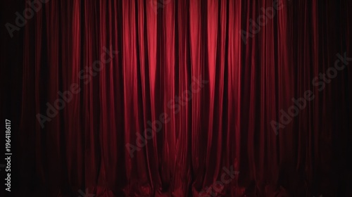 Classic red stage curtain background with folds and drapes, creating a sense of grandeur and anticipation, perfect for use in cinema posters, award ceremonies, or gala invitations.