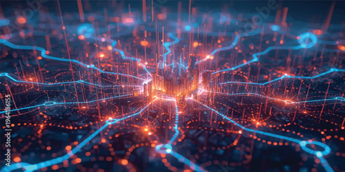 A digital art backdrop featuring the energy of fractal realms where glowing light patterns and motion waves create a science concept illustration of a space data explosion on a black texture