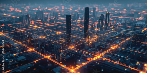 Digital fractal realms and binary code merge into an abstract background over the glowing lights of a dusk Bangkok city skyline and urban highway traffic