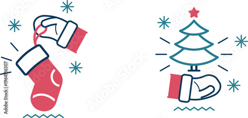 A festive illustration of a hand holding a gift and a christmas tree