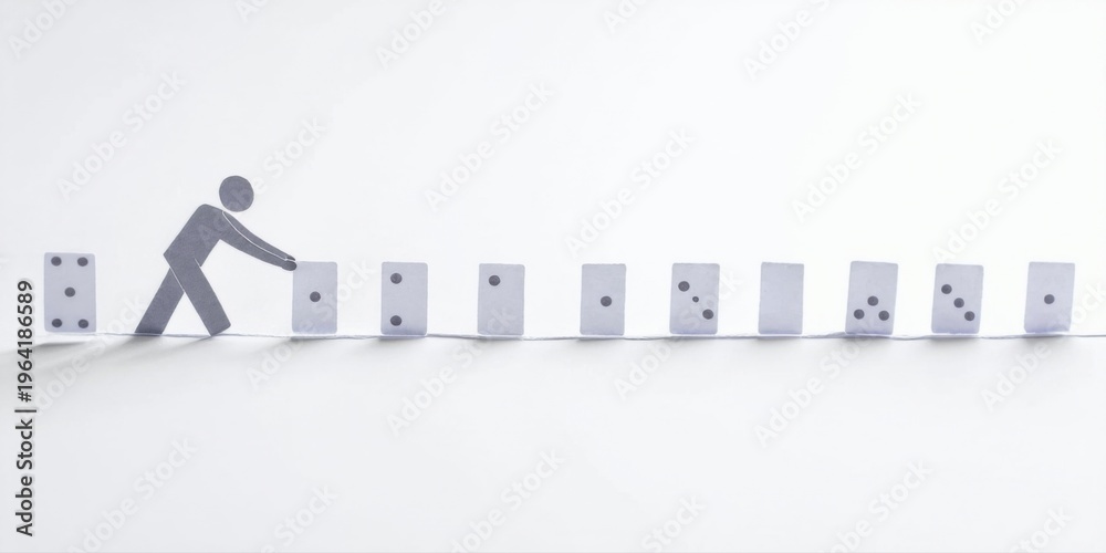 Fototapeta premium Figure pushes first domino. Series falls sequentially. Minimalist style, white background, black silhouette. Represents chain reaction, consequences.