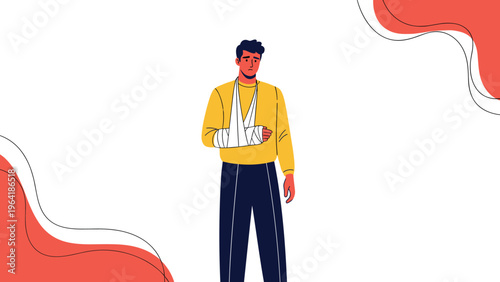 Young man with a sad expression, his arm visibly broken and supported by a sling, signifying injury and recovery process.