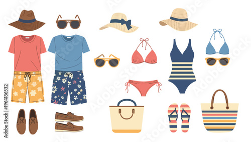 Comprehensive collection of summer clothing and accessories, including men's and women's swimwear, hats, sunglasses, and bags, for a perfect vacation.