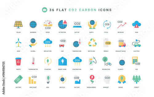 Reduce CO2 emissions, dioxide pollution management and removal, eco friendly recycle technology and green energy color icon set. Sustainable strategy, carbon offsets flat elements vector illustration