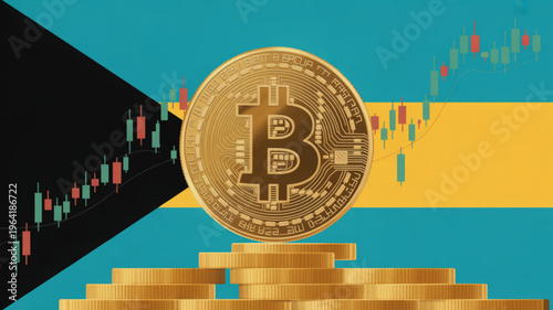 Golden bitcoin coins stacked on bahamian flag background with stock market graph