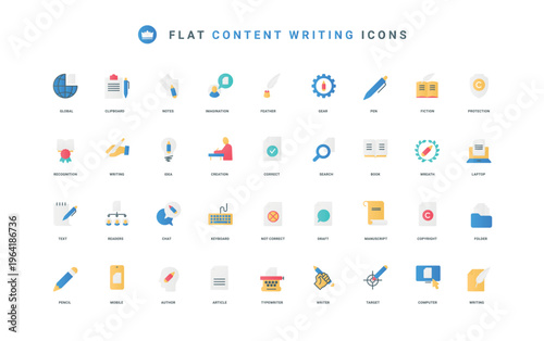 Feather and pen of writer thin symbols vector illustration. Creative idea and text of authors article creation, publication, copyright protection of bestseller book flat icon set